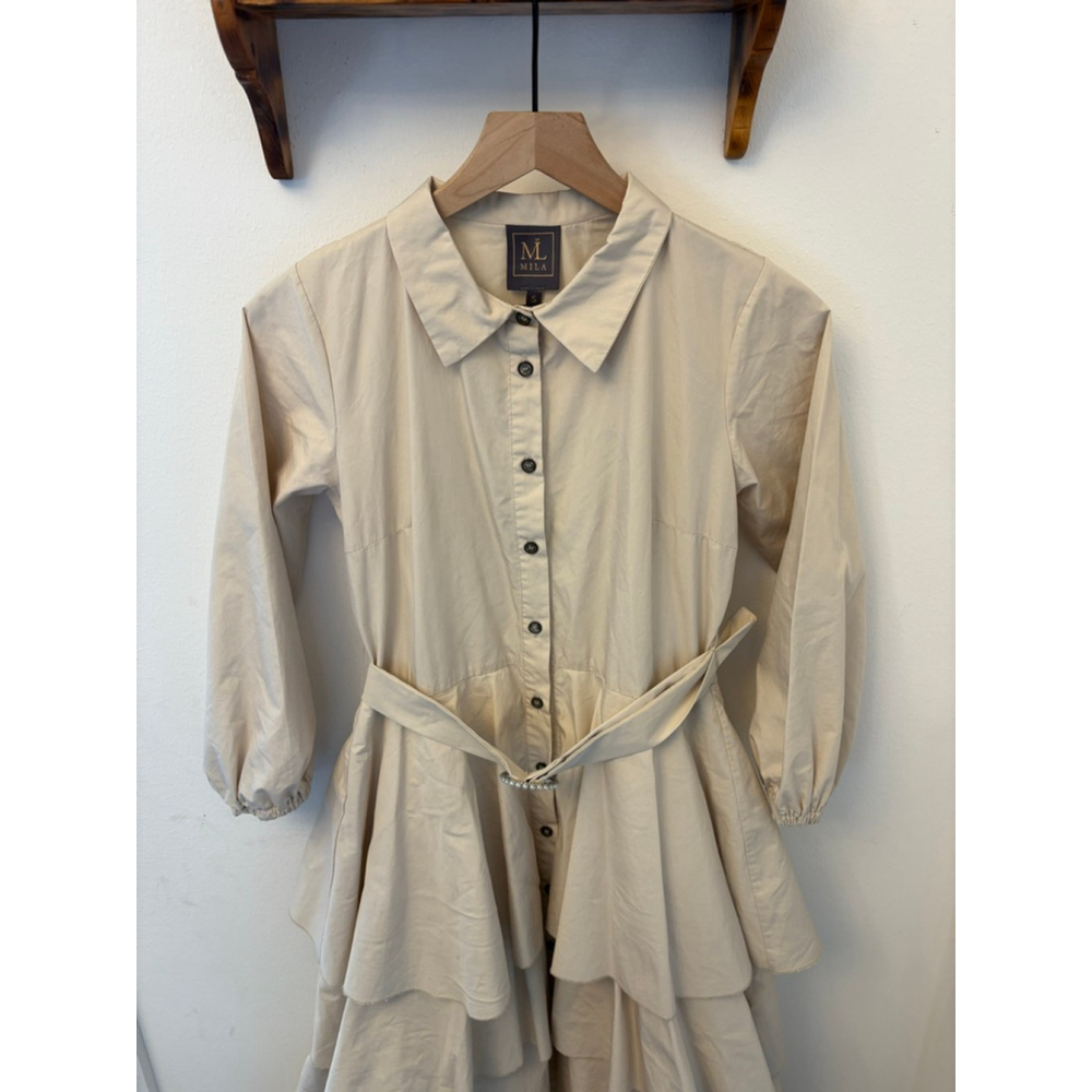 HT Mila Tiered Shirt Dress Cream Belted Midi Maxi Small - Picture 2 of 10